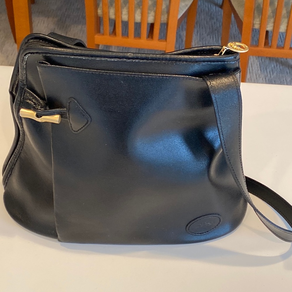 LONGCHAMPS vintage Roseau black leather shoulder bag, gold bamboo hardware